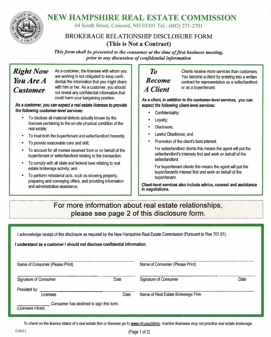 NH Brokerage Relationship Disclosure Manchester NH Real Estate